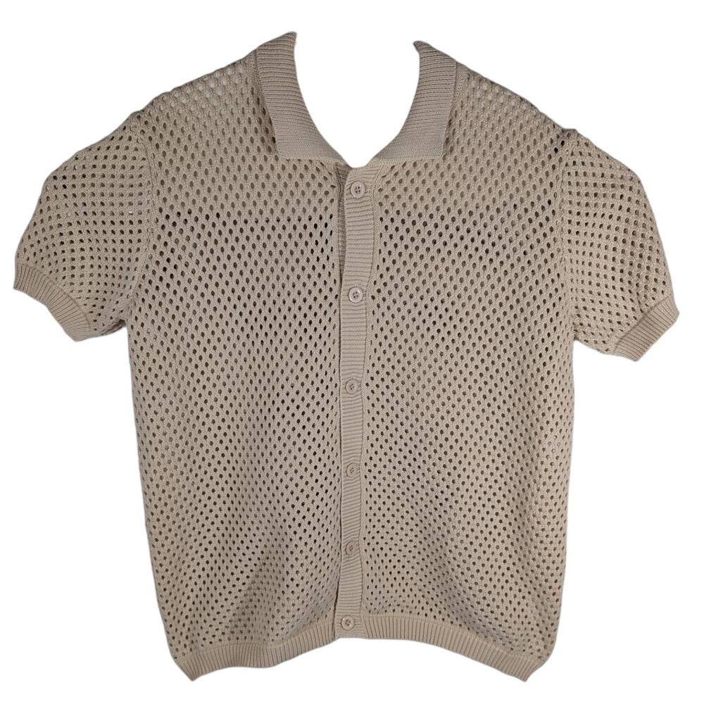 Sandstone Sweater Beige Shirt See Through Crochet Knit Short Sleeve Mens Medium